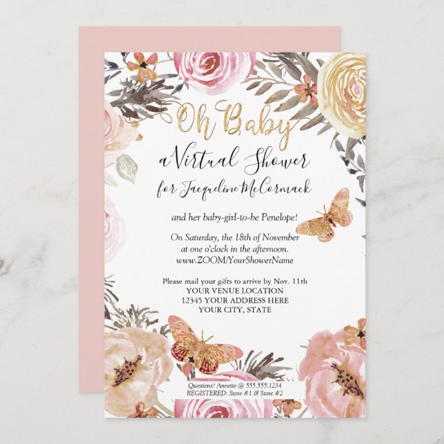 Modern Dusty Pink Floral Butterfly Virtual Shower Invitation (Front/Back)