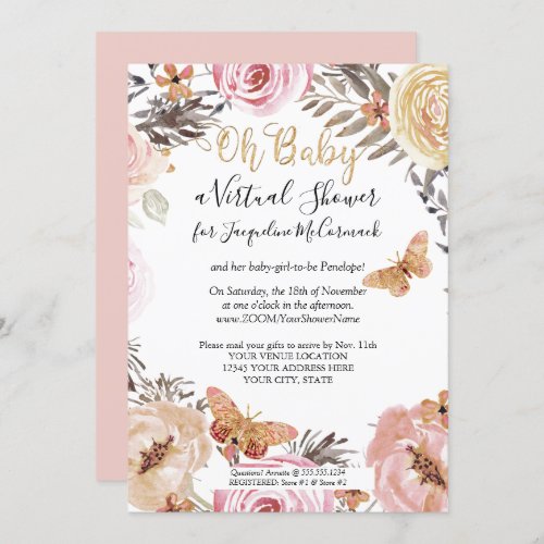 Modern Dusty Pink Floral Butterfly Virtual Shower Invitation