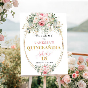 Modern dusty pink floral gold quinceañera welcome poster