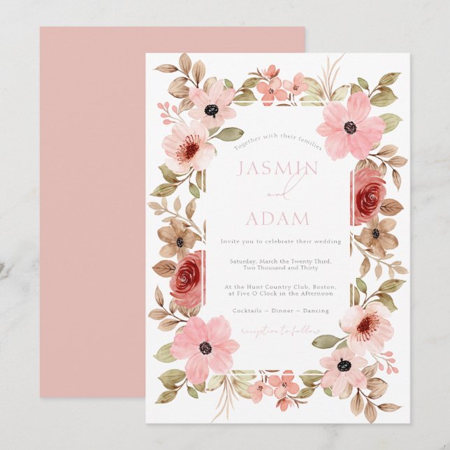 Modern Dusty Pink Floral Rose Wedding Invitation (Front/Back)