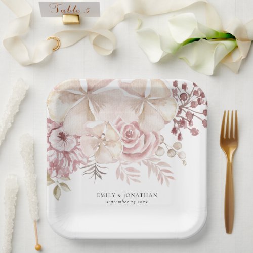 Modern Dusty Pink Florals Wedding  Paper Plates