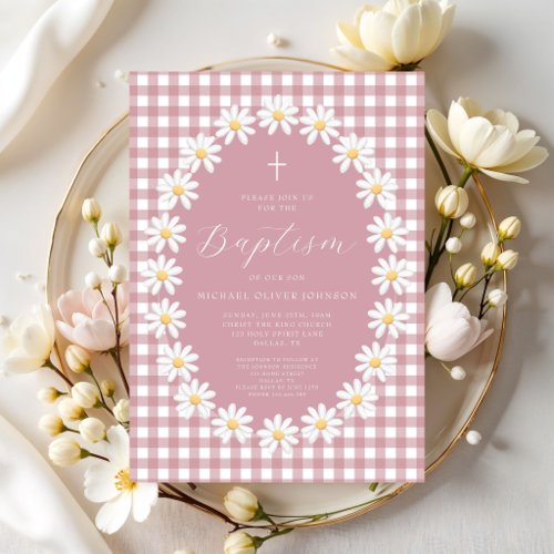 Modern Dusty Pink Gingham Floral Girl Baptism Invitation