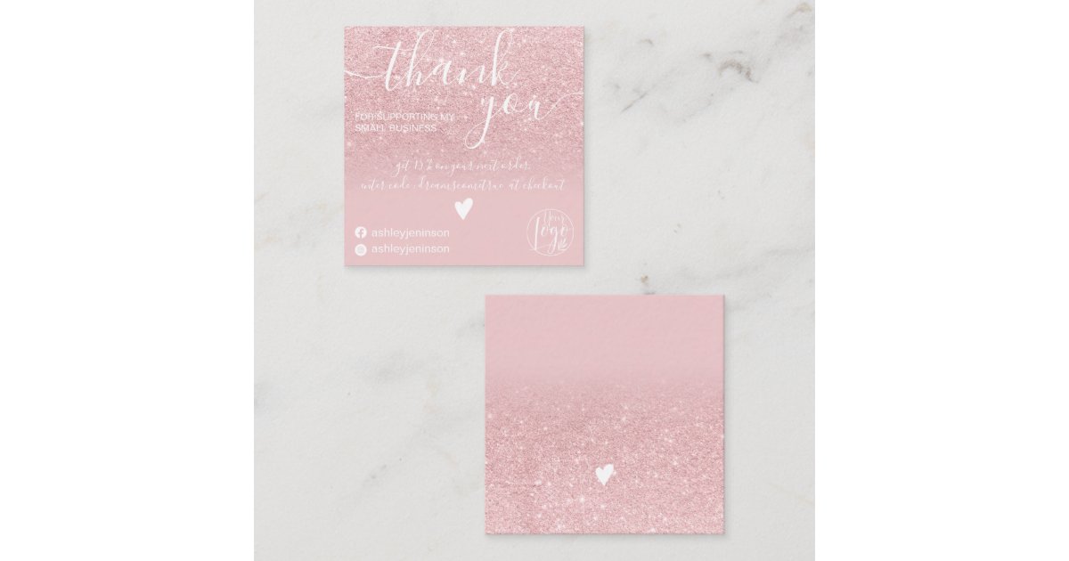 Modern dusty pink glitter ombre order thank you square business card ...