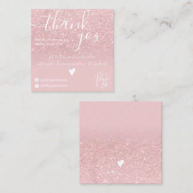 Modern dusty pink glitter ombre order thank you square business card ...