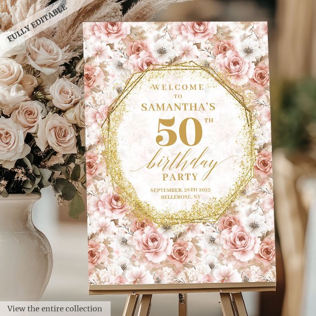 Modern dusty pink gold floral birthday welcome   foam board (Modern dusty pink gold floral birthday welcome Foam Board)
