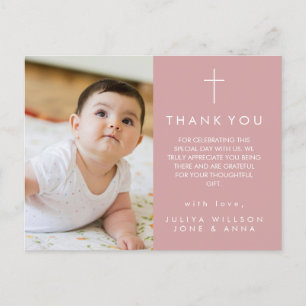 Modern dusty pink Photo Baptism Thank You Postcard