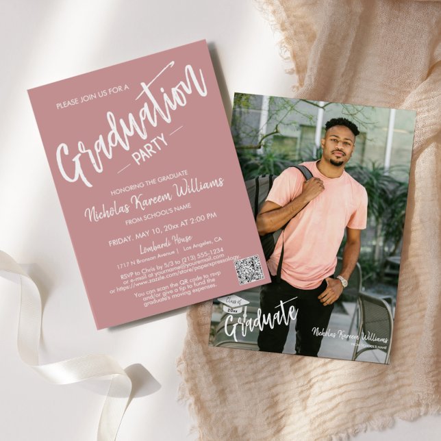Modern Dusty Pink QR Code Photo Graduation Party Invitation (Creator Uploaded)