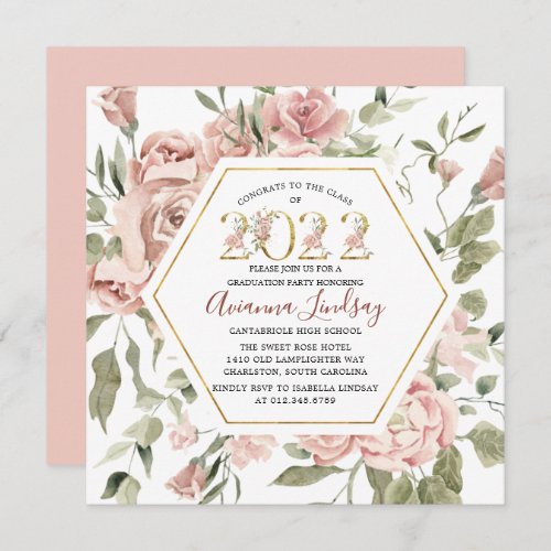 Modern Dusty Pink Rose Botanical Graduation  Invitation