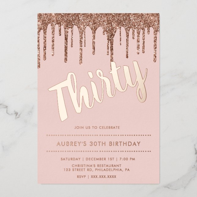 Modern Dusty Pink Rose Gold 30th Birthday  Foil Invitation (Front)