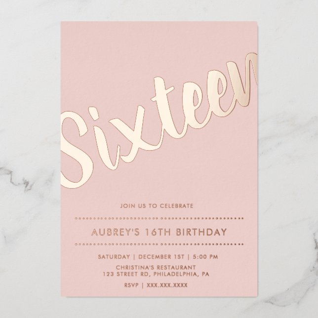 Modern Dusty Pink Rose Gold Sweet Sixteen Foil Invitation (Front)