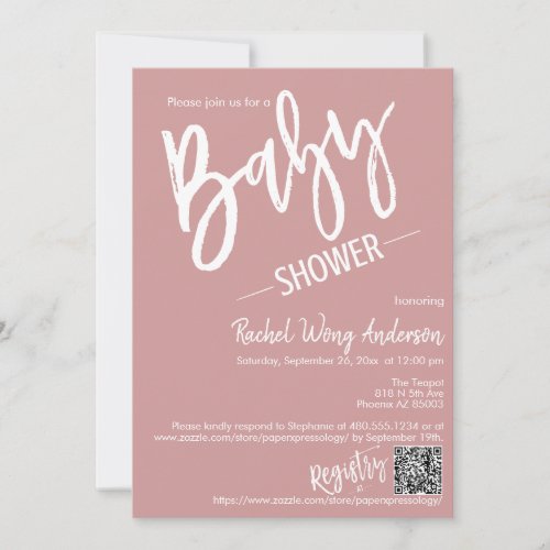 Modern Dusty Pink Script Baby Shower QR Code Photo Invitation