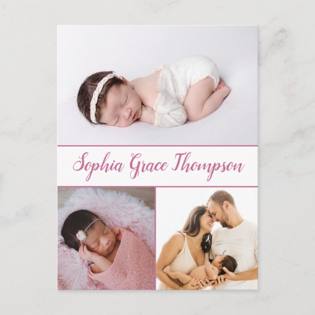 Modern Dusty Pink Script Name Baby Girl Photos Postcard (Front)