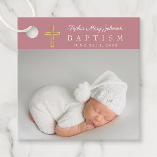 Modern Dusty Pink Script Photo Baptism Thank You Favor Tags