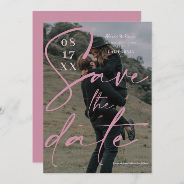 Modern dusty pink script save the date photo (Front/Back)