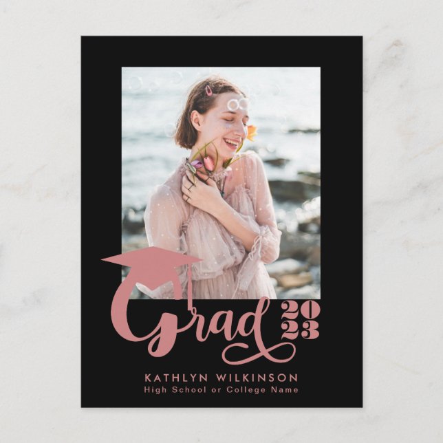Modern Dusty Pink Script Trendy Photo Graduation Invitation Postcard (Front)