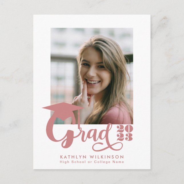 Modern Dusty Pink Script Trendy Photo Graduation Invitation Postcard (Front)