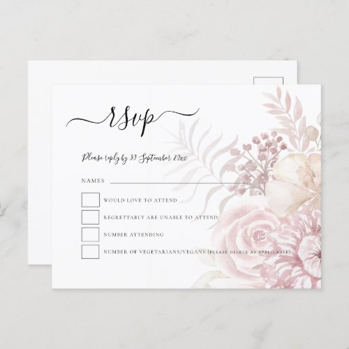 Modern Dusty Pink Tinted Florals Wedding RSVP Invitation Postcard