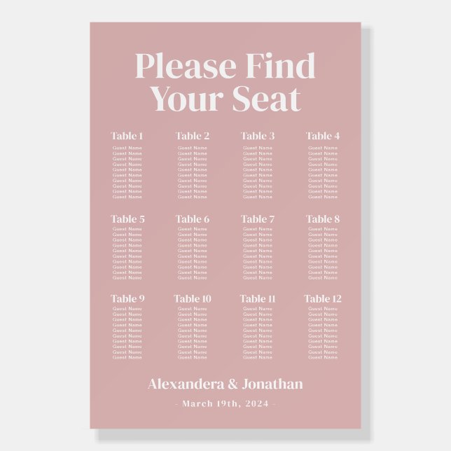 Modern Dusty  Pink Wedding Seating Chart Foam Board (Front)