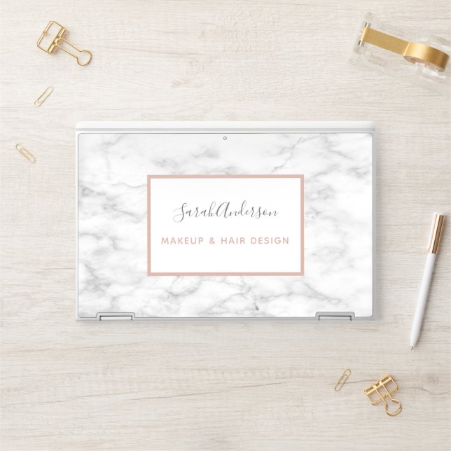 Modern Dusty Pink White Marble Script Branded HP Laptop Skin (Desk)