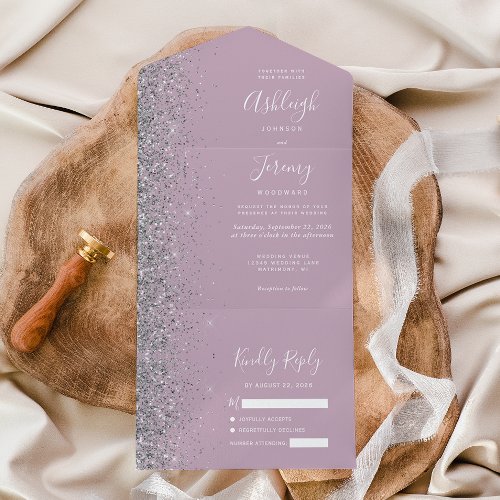Modern Dusty Purple Lilac Silver Glitter Wedding All In One Invitation