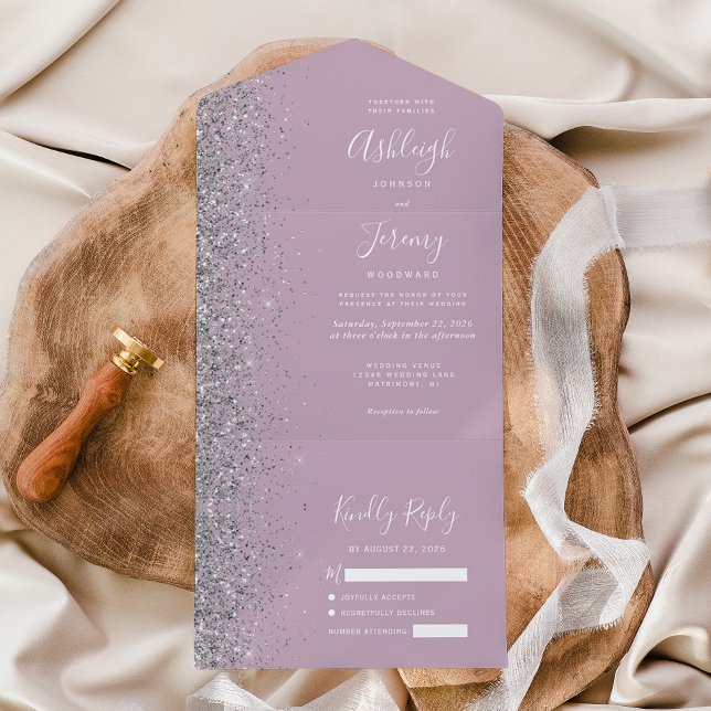 Modern Dusty Purple Lilac Silver Glitter Wedding All In One Invitation (Creator Uploaded)