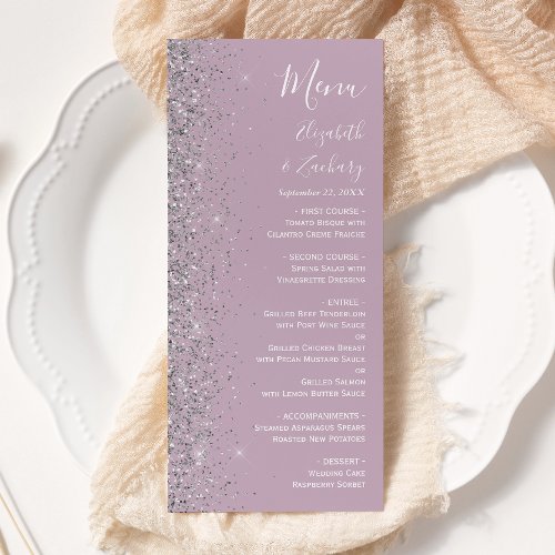 Modern Dusty Purple Lilac Silver Glitter Wedding Menu