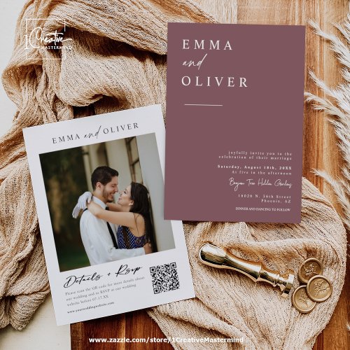 Modern Dusty Purple Minimal Wedding Photo QR Code Invitation