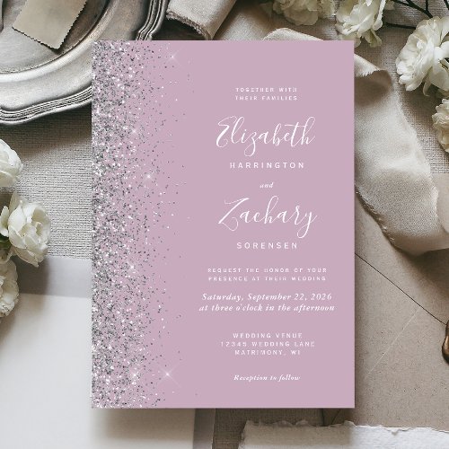 Modern Dusty Purple Silver Glitter Edge Wedding Invitation