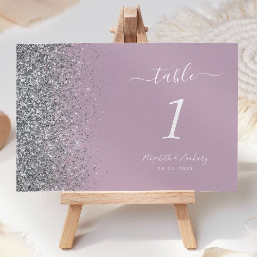 Modern Dusty Purple Silver Glitter Edge Wedding Table Number