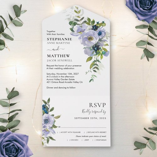 Modern Dusty Purple Watercolor Floral Wedding All In One Invitation