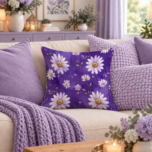 Modern Dusty Purple White Daisy Pillow Design Art