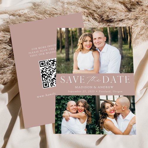 Modern Dusty Rose 3 Photo QR Code Save The Date