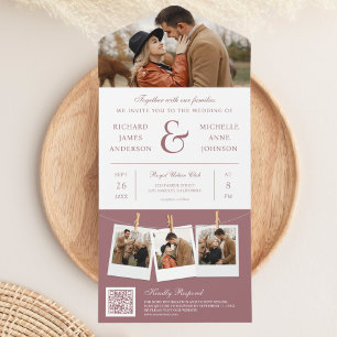 Modern Dusty Rose Ampersand Photo QR Code Wedding All In One Invitation