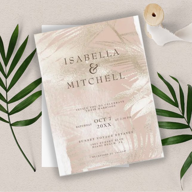 Modern Dusty Rose and Gold Tropical Palm Wedding Invitation (Creator Uploaded)
