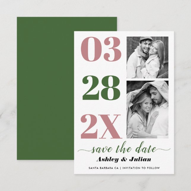 Modern dusty rose and green typography two photo save the date (Front/Back)