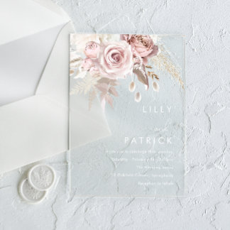 Modern Dusty Rose & Blush Rose Wedding Acrylic Invitations