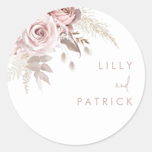 Modern Dusty Rose & Blush Rose Wedding Classic Round Sticker