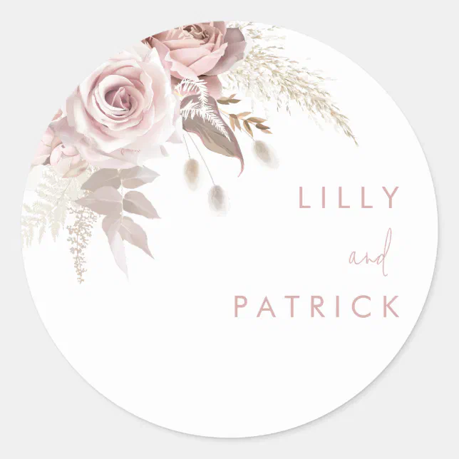 Modern Dusty Rose & Blush Rose Wedding Classic Round Sticker | Zazzle