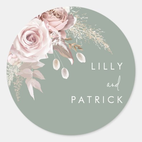 Modern Dusty Rose Blush & Sage Wedding Classic Round Sticker