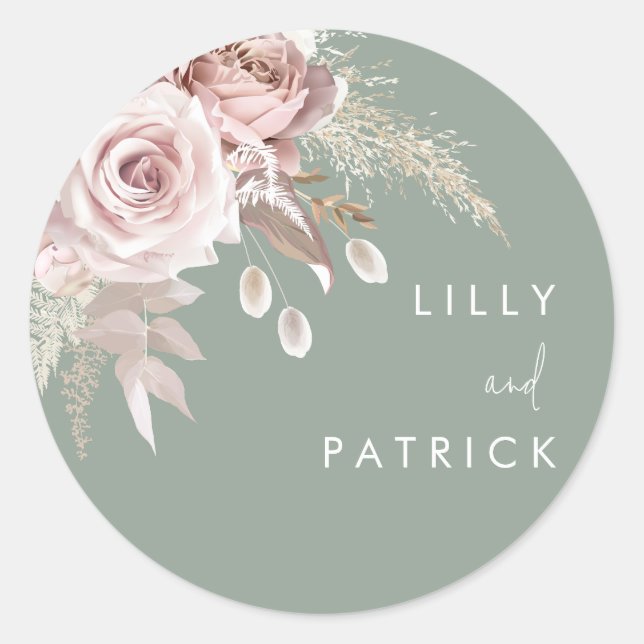 Modern Dusty Rose Blush & Sage Wedding Classic Round Sticker (Front)