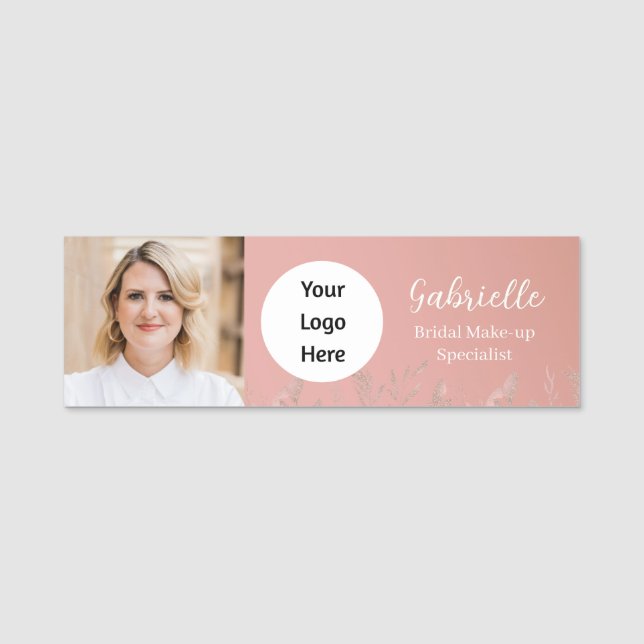 Modern Dusty Rose Botanical Photo Script   Name Tag (Front)