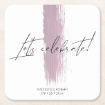 Modern Dusty Rose Brush Stroke Wedding Party   Square Paper Coaster<br><div class="desc">You tied the knot,  now let's celebrate! This design features a hand drawn brush stroke in blush pink dusty rose and a calligraphy text as well as a sans serif font for names and date.</div>