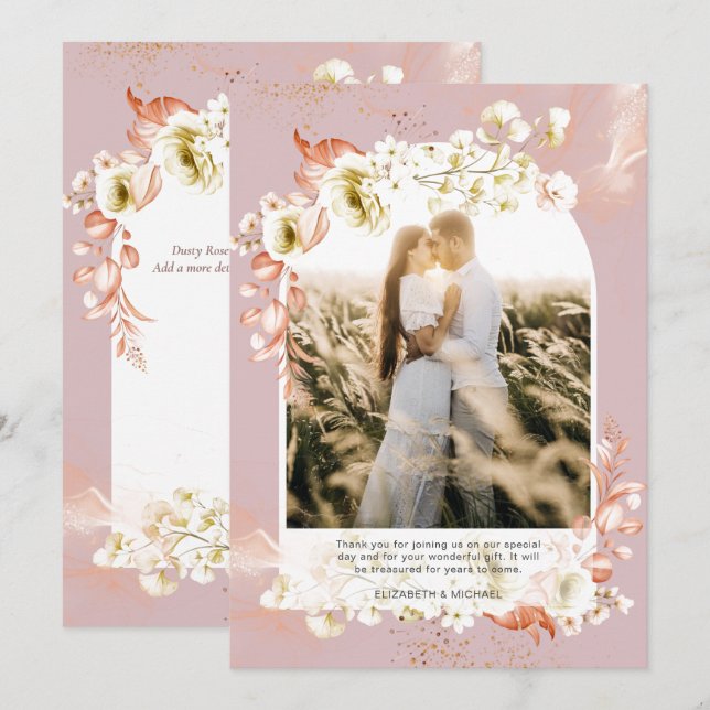 Modern Dusty Rose Coral Floral PHOTO THANK YOU (Front/Back)