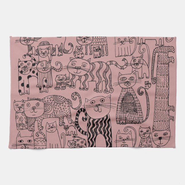 Modern Dusty Rose Cute Cats Pattern Kitchen Towel (Horizontal)