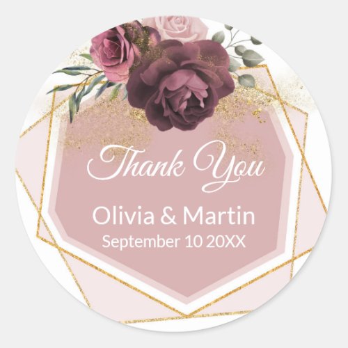 Modern Dusty Rose Floral Gold Frame Classic Round Sticker