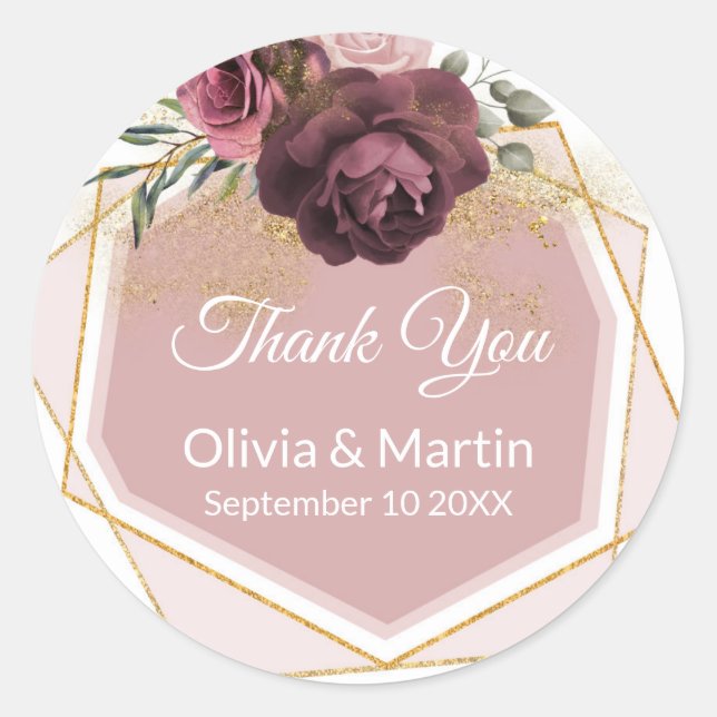 Modern Dusty Rose Floral Gold Frame Classic Round Sticker (Front)