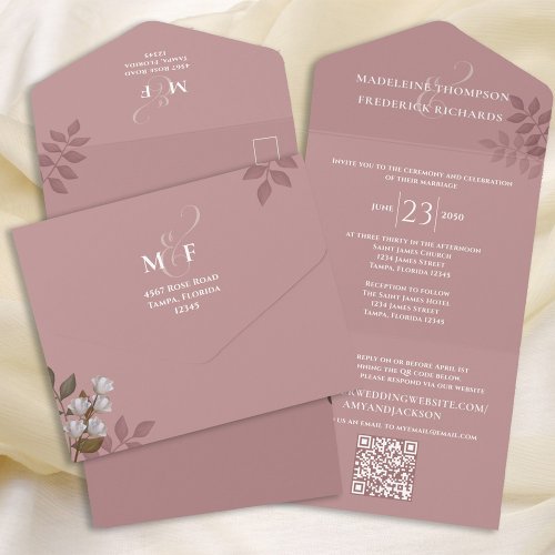Modern Dusty Rose Floral Minimalist QR Code RSVP All In One Invitation