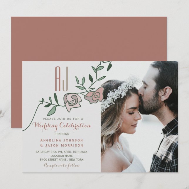 Modern Dusty Rose Floral Photo Wedding Invite (Front/Back)