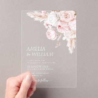Modern dusty rose floral wedding acrylic invitations