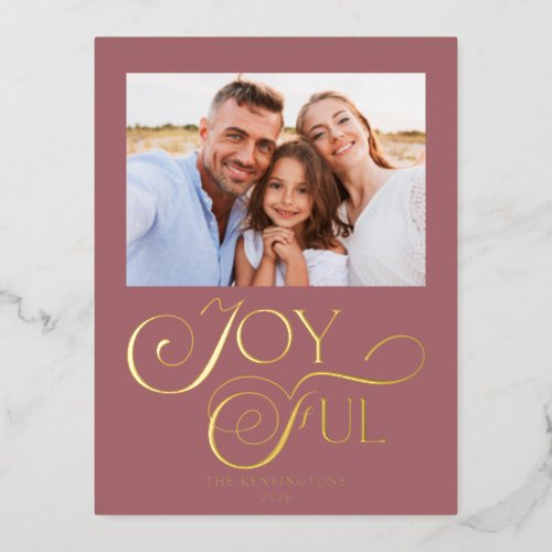 Modern Dusty Rose Gold Foil Joyful Holiday Photo